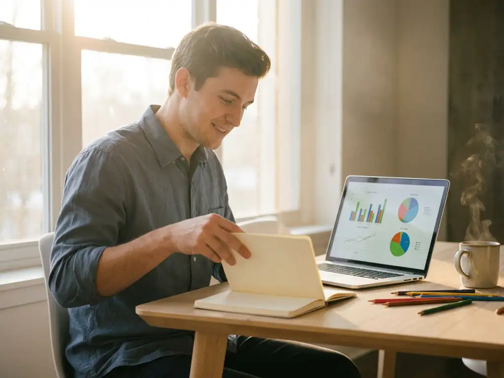 Young professional opening a fresh notebook at a wooden desk with a laptop showing data charts, coffee, and pencils in warm morning light.