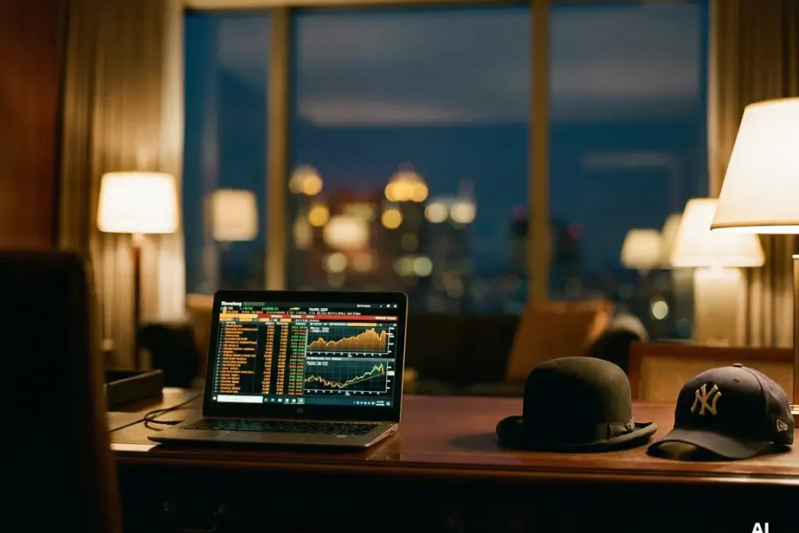 Bloomberg terminal displaying live market data on a polished desk beside a British bowler hat and Yankees cap, amber city lights behind.