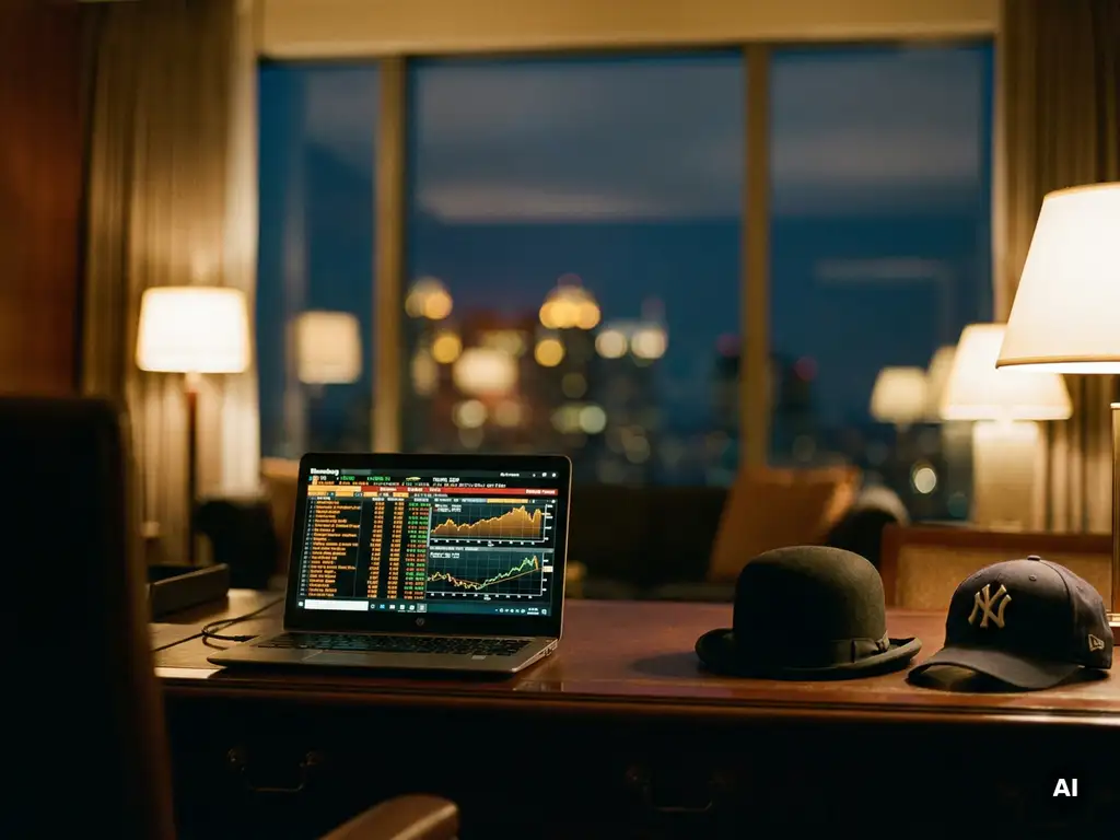 Bloomberg terminal displaying live market data on a polished desk beside a British bowler hat and Yankees cap, amber city lights behind.