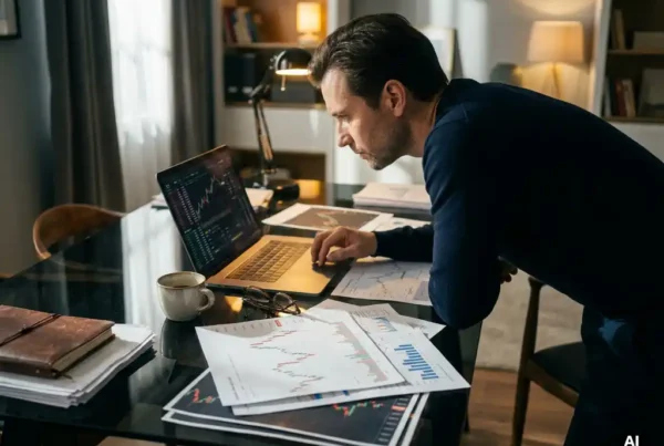 Analyst reviewing candlestick charts and financial data visualizations on a glowing laptop at a dark glass desk with a coffee cup nearby.