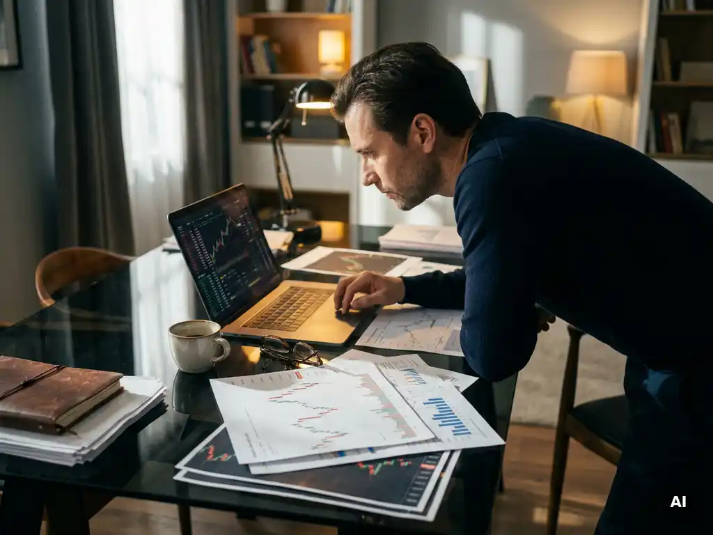 Analyst reviewing candlestick charts and financial data visualizations on a glowing laptop at a dark glass desk with a coffee cup nearby.