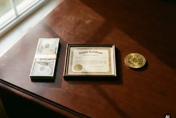 Mahogany desk flat lay with stacked banknotes, equity certificate, and gold crypto coin in warm amber light.