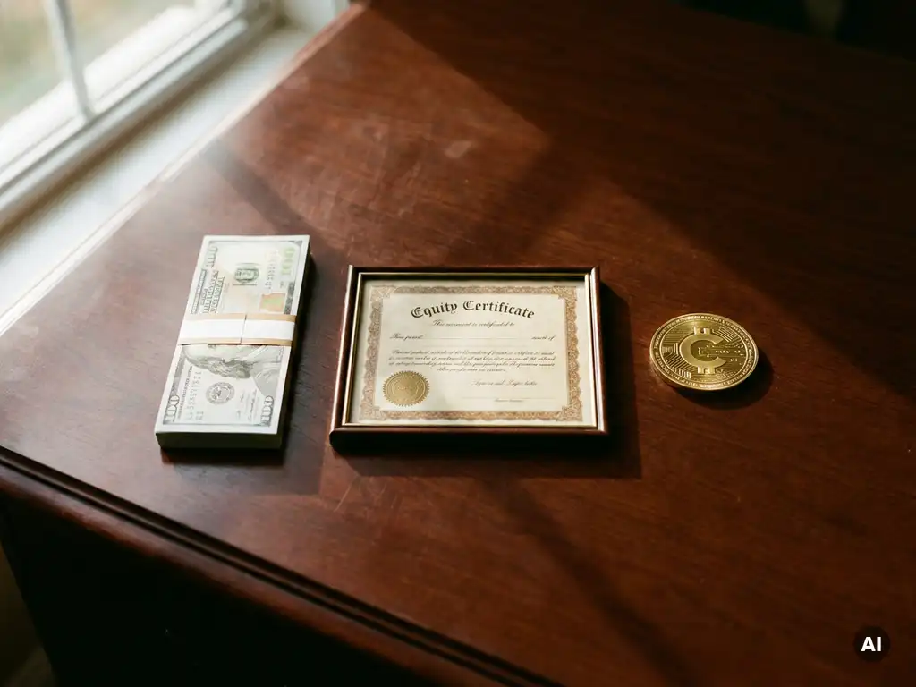 Mahogany desk flat lay with stacked banknotes, equity certificate, and gold crypto coin in warm amber light.