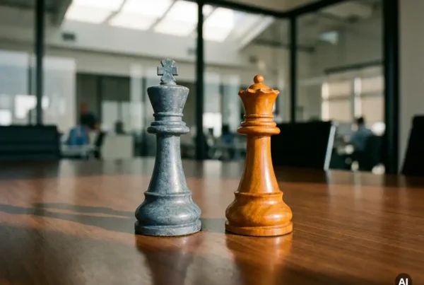 Chess king piece and contrasting opponent piece on a polished boardroom table, modern glass office blurred in background.
