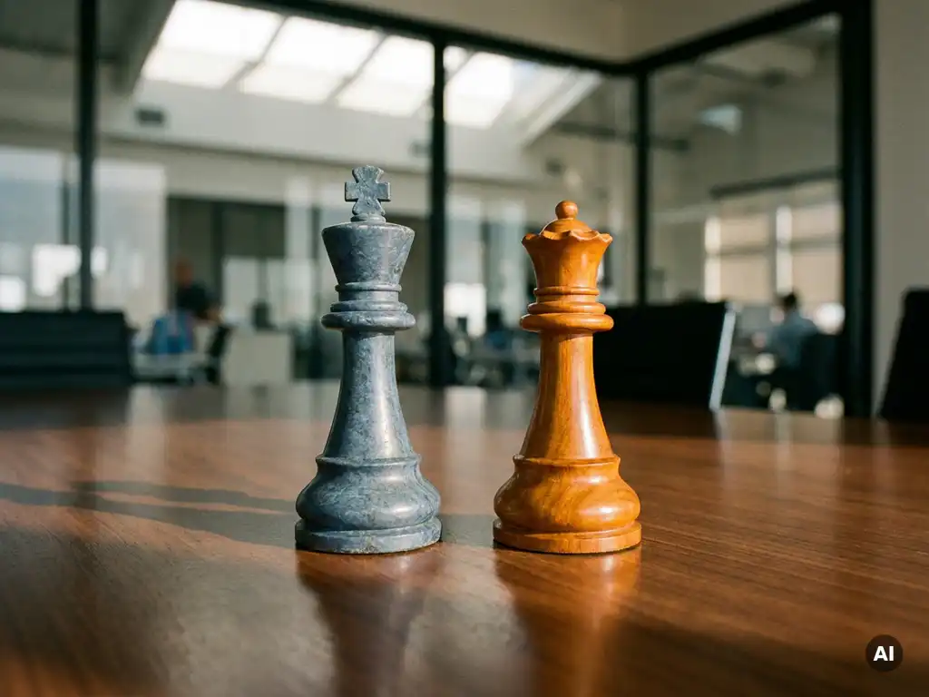 Chess king piece and contrasting opponent piece on a polished boardroom table, modern glass office blurred in background.