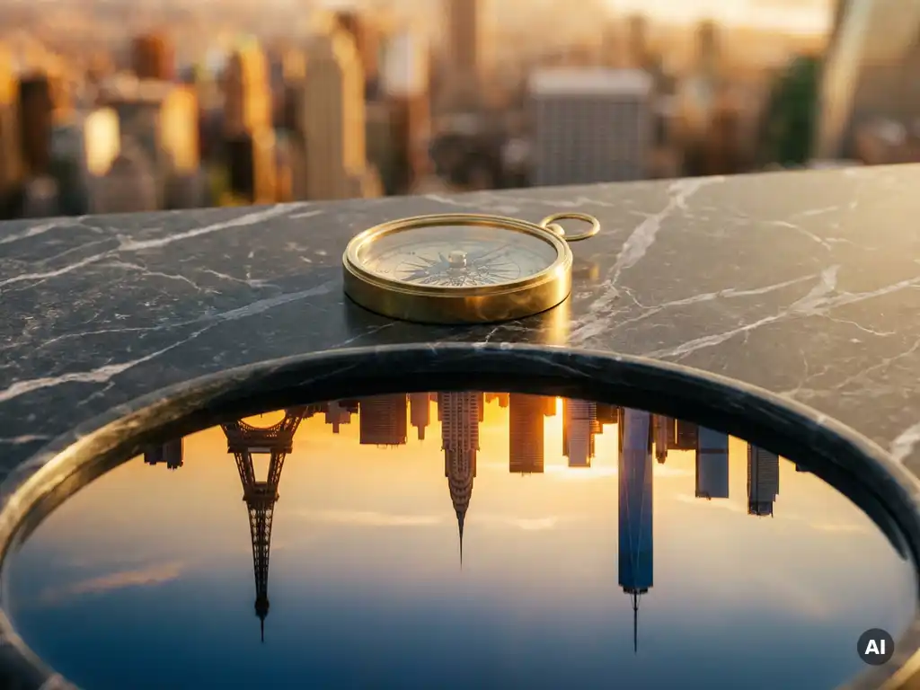 Polished compass on dark marble desk with three city skylines reflected in still water at golden hour, warm amber and navy tones.
