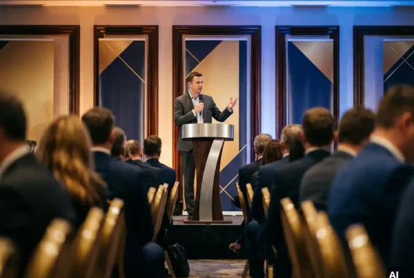 What the TOKEN2049 Speaker and Sponsor Line-up Tells Us About Hiring 3 Speaker at a podium addressing a packed professional conference hall with amber spotlights and navy-and-gold sponsor banners.