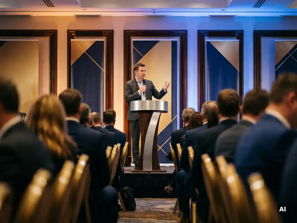 Speaker at a podium addressing a packed professional conference hall with amber spotlights and navy-and-gold sponsor banners.