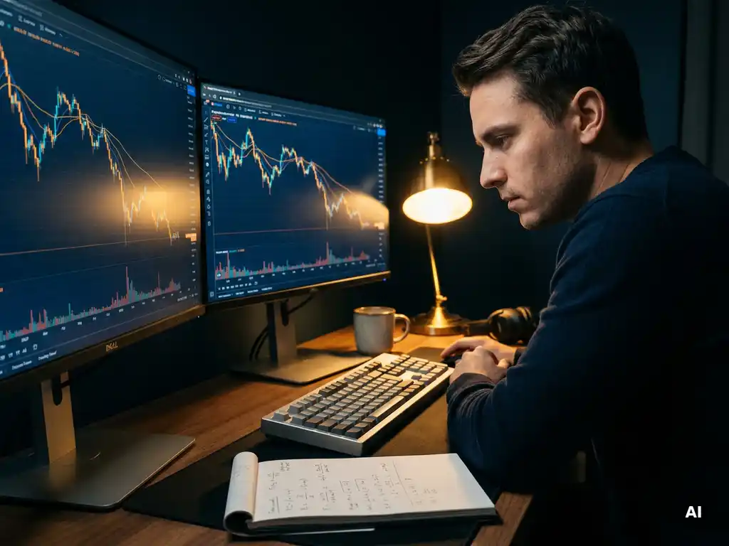 Analyst reviewing cryptocurrency price charts on dual monitors with handwritten formulas in notebook under warm desk lamp