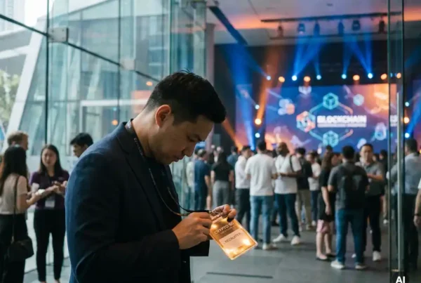 Recruiter examining a glowing name badge lanyard at a packed Singapore crypto conference, navy and amber stage lighting in the background.