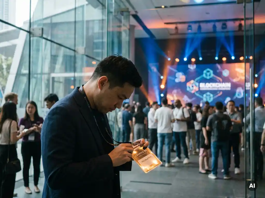 Recruiter examining a glowing name badge lanyard at a packed Singapore crypto conference, navy and amber stage lighting in the background.