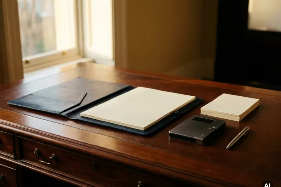 Mahogany executive desk with open leather portfolio, résumés, cryptocurrency hardware wallet, and silver pen in warm office light.