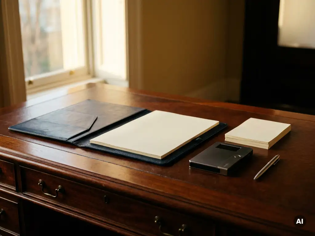 Mahogany executive desk with open leather portfolio, résumés, cryptocurrency hardware wallet, and silver pen in warm office light.
