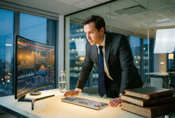 Why Traditional Finance Is Competing for Digital-Asset Talent 1 Finance professional analyzing a cryptocurrency trading terminal in a glass-walled office, leather ledgers beside a mechanical keyboard.