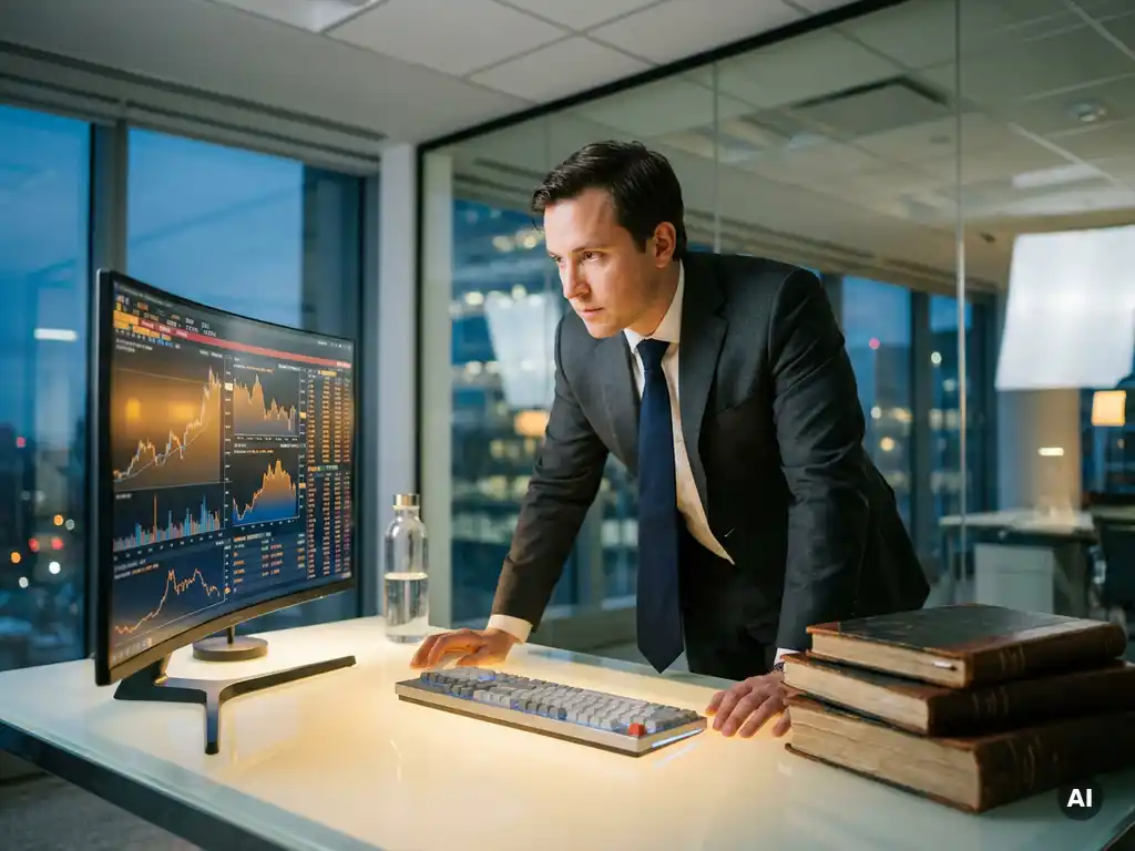 Finance professional analyzing a cryptocurrency trading terminal in a glass-walled office, leather ledgers beside a mechanical keyboard.