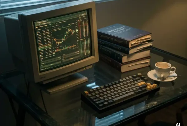 Weathered crypto trading terminal showing live price feeds beside quantitative finance textbooks, mechanical keyboard, and espresso cup on a dark glass desk.