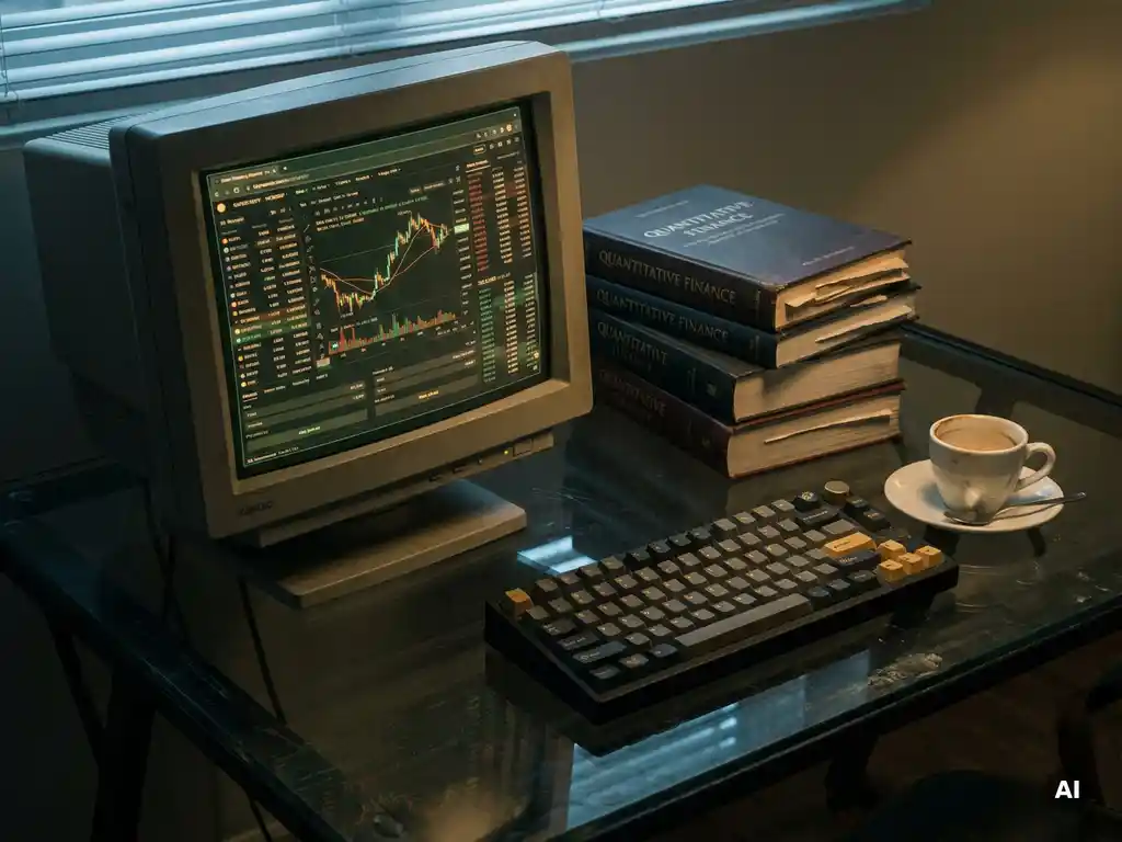 Weathered crypto trading terminal showing live price feeds beside quantitative finance textbooks, mechanical keyboard, and espresso cup on a dark glass desk.