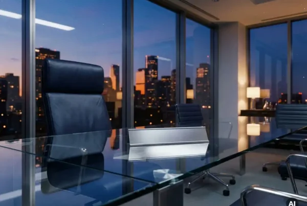 Executive chair at head of glass conference table with a nameplate on an empty seat, city skyline glowing at dusk through floor-to-ceiling windows.