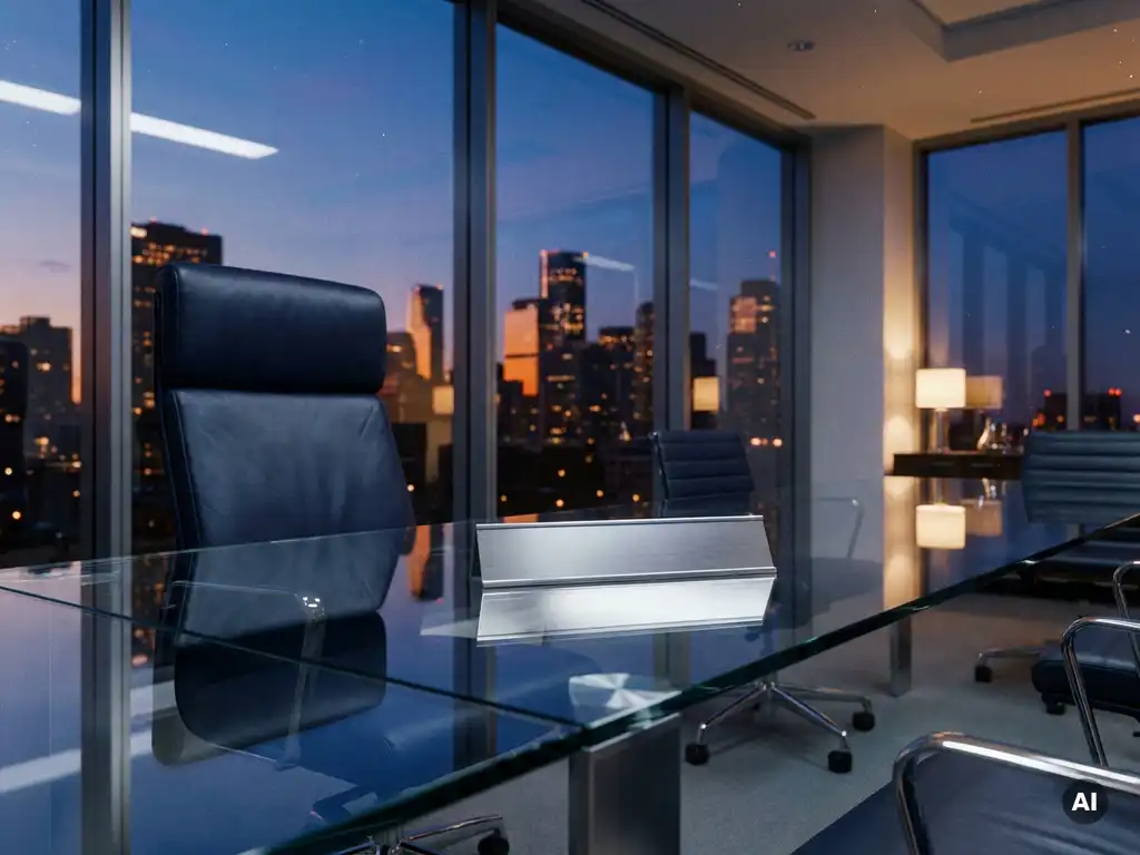 Executive chair at head of glass conference table with a nameplate on an empty seat, city skyline glowing at dusk through floor-to-ceiling windows.