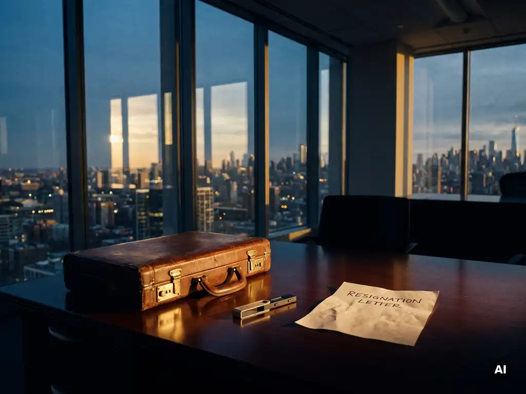 Worn leather briefcase beside a hardware crypto wallet on a mahogany desk, crumpled resignation letter nearby, city skyline at dusk in background.