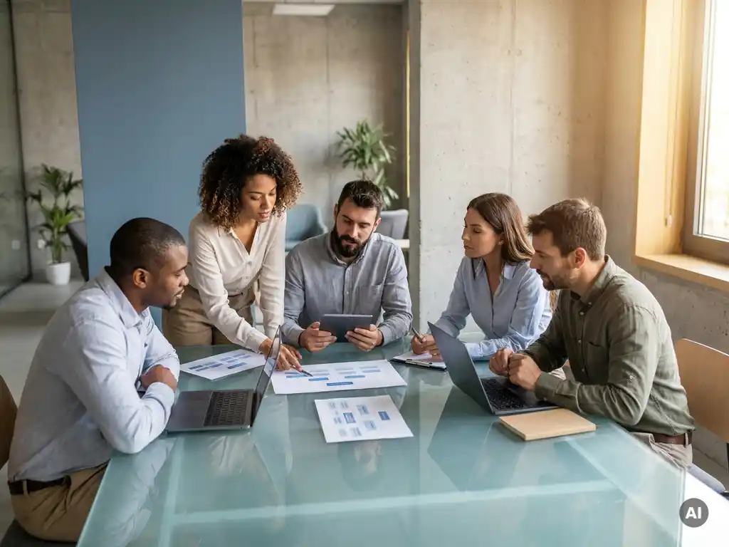 Diverse professionals reviewing org chart documents and laptops around a glass conference table in a modern office with warm afternoon light.