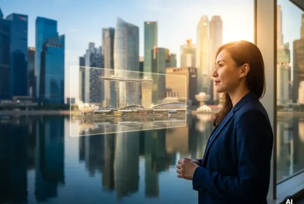 Singapore’s Rise as APAC’s Digital-Asset Talent Hub 2 Professional in blazer examining holographic display of Singapore's Marina Bay skyline with glass towers reflected in harbor waters at golden hour.