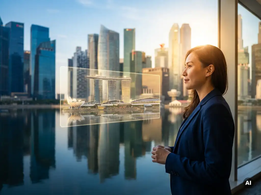 Professional in blazer examining holographic display of Singapore's Marina Bay skyline with glass towers reflected in harbor waters at golden hour.