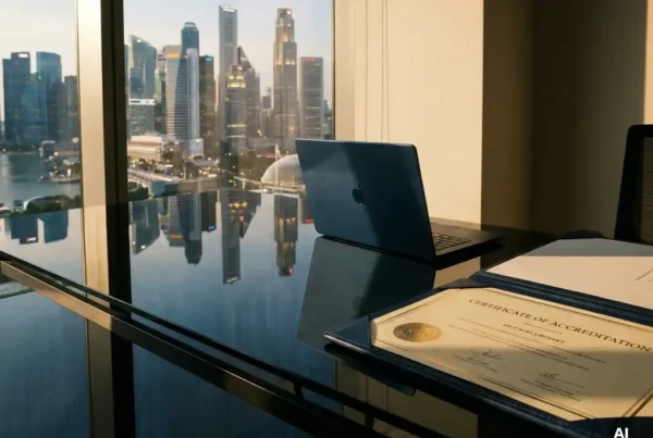 Singapore skyline reflected in a glass office desk beside a professional credential document and laptop in a modern workspace.