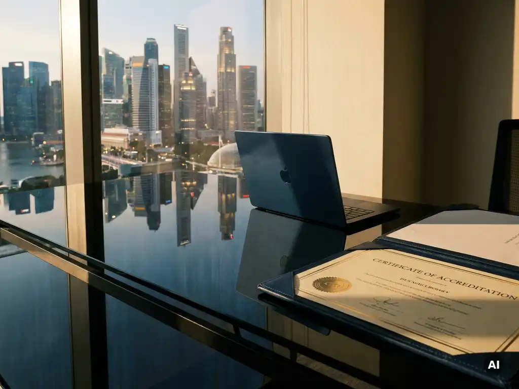 Singapore skyline reflected in a glass office desk beside a professional credential document and laptop in a modern workspace.