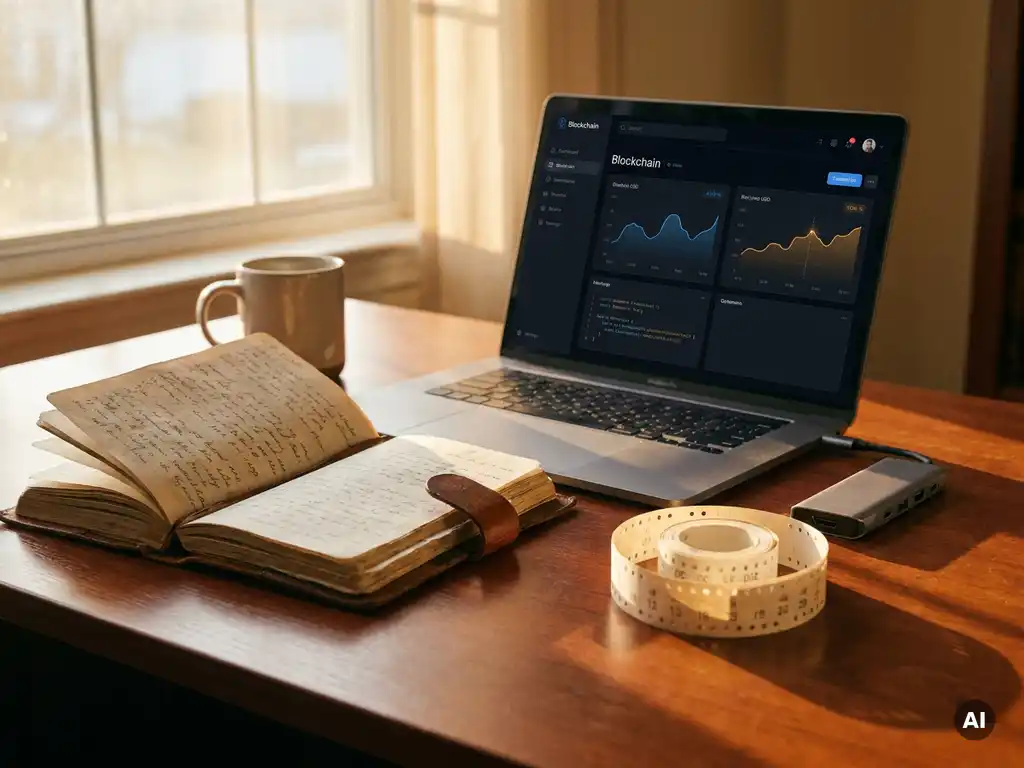 Worn leather trading journal beside a laptop displaying a blockchain interface on a mahogany desk, vintage ticker tape coiled near a modern USB hub.