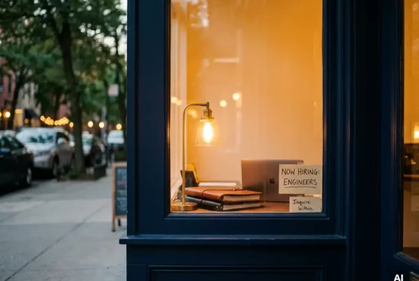 How do you recruit software engineers without a big tech brand? 1 Cozy independent storefront window glowing with warm amber light, illuminating a stack of technical portfolios and a sleek laptop on a quiet urban street.