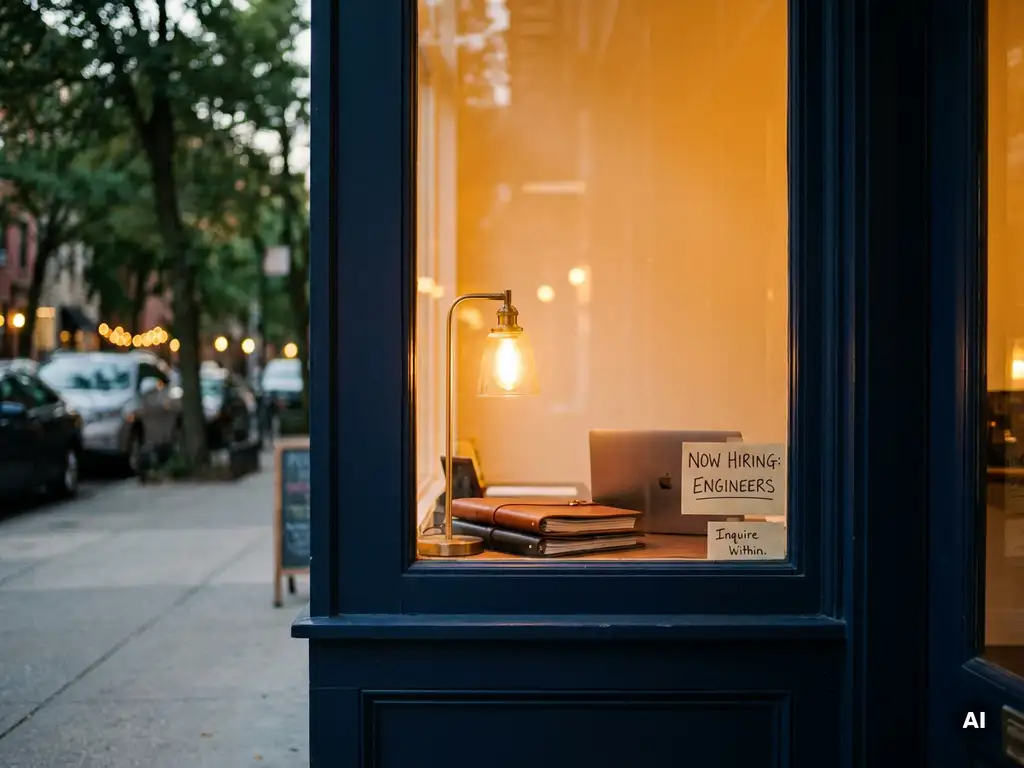 Cozy independent storefront window glowing with warm amber light, illuminating a stack of technical portfolios and a sleek laptop on a quiet urban street.