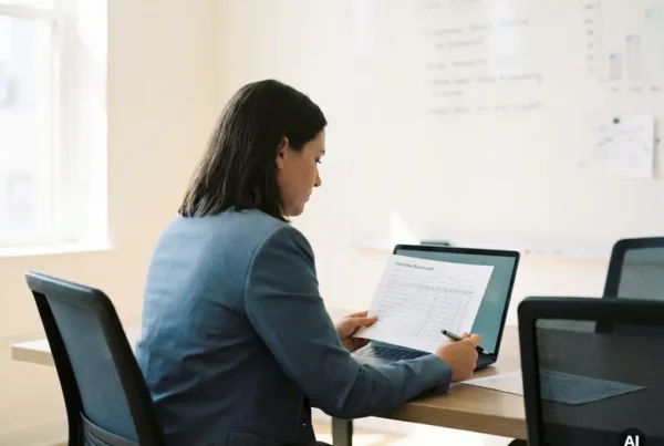 What is a structured interview and should you use it for developers? 3 Hiring manager reviewing a printed interview scorecard beside a laptop in a modern recruitment office with natural window light.