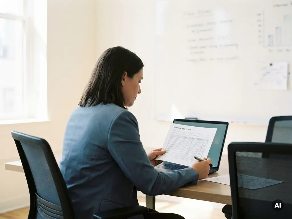 Hiring manager reviewing a printed interview scorecard beside a laptop in a modern recruitment office with natural window light.