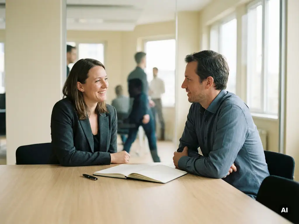Interviewer and job candidate seated across a conference table with an open notebook, modern glass-walled office in soft daylight.