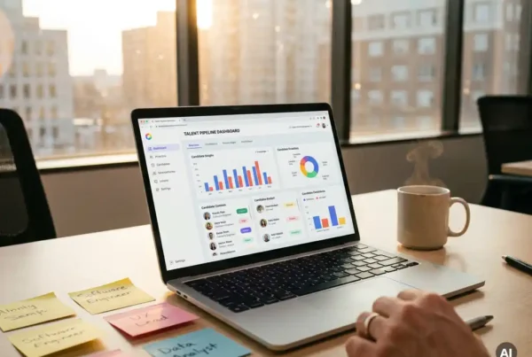 Recruiter's laptop showing a talent pipeline dashboard on a modern desk with candidate sticky notes and a steaming coffee cup in warm morning light.