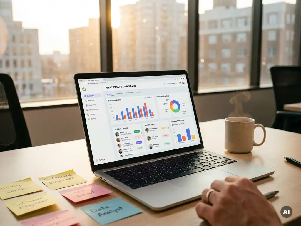 Recruiter's laptop showing a talent pipeline dashboard on a modern desk with candidate sticky notes and a steaming coffee cup in warm morning light.