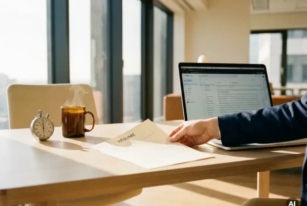 How do you reduce time to hire for software engineering positions? 1 Recruiter sliding a candidate résumé across a minimalist desk beside a stopwatch and steaming coffee mug, morning light from floor-to-ceiling windows.