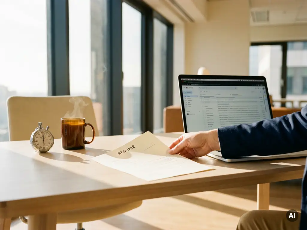 Recruiter sliding a candidate résumé across a minimalist desk beside a stopwatch and steaming coffee mug, morning light from floor-to-ceiling windows.