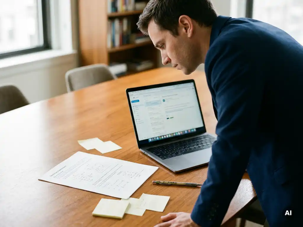 Recruiter leaning over a conference table reviewing a printed technical assessment next to an open laptop, with sticky notes and a mechanical pencil nearby.